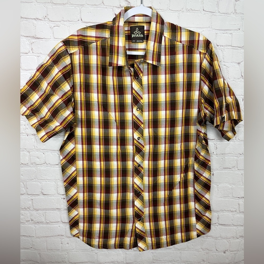 Prana Shirt Mens Large Plaid Pearl Snap Western Short Sleeve Yellow Brown Button